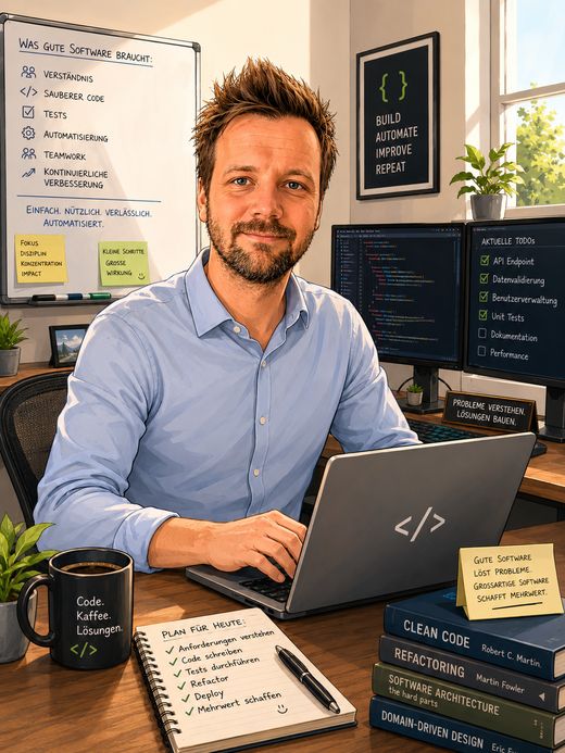 Illustration von Andreas Kaufmann am Schreibtisch, mit Notebook, Whiteboard und Fachb&uuml;chern