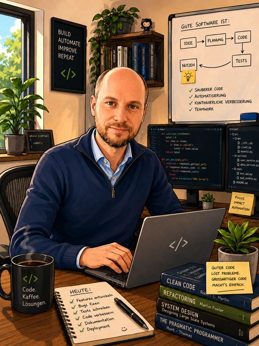 Illustration von Christoph Ballack am Schreibtisch, mit Notebook, Whiteboard und Fachb&uuml;chern