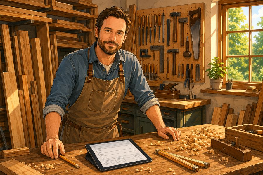 Illustration einer Tischlerwerkstatt: Handwerker am Werktisch mit Tablet, Holzsp&auml;nen und Werkzeugwand