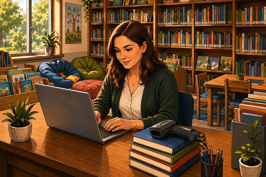 Illustration einer Schulb&uuml;cherei: Mitarbeiterin am Tresen mit Laptop, Barcode-Scanner und Buchstapel, dahinter B&uuml;cherregale und Leseecke