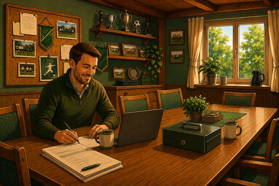 Illustration eines Vereinsheims: Vorstandsmitglied am langen Tisch mit Laptop, Beitragsliste, Kaffee und Kassette, dahinter Pinnwand mit Mannschaftsfotos und Poka&shy;len