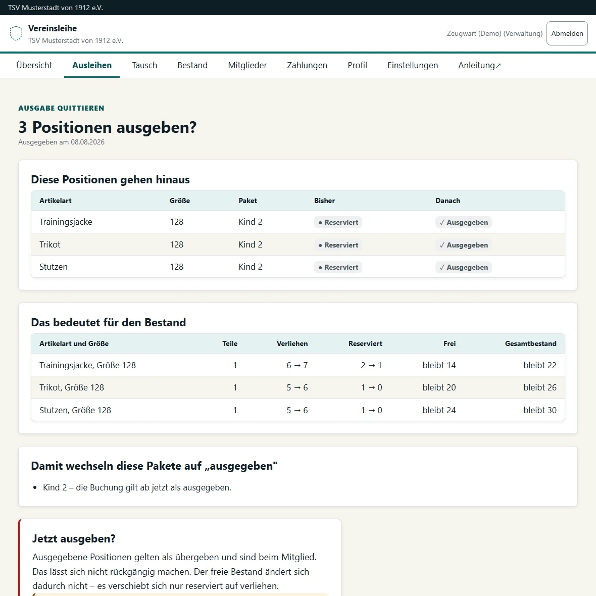 Bildschirmfoto der Kontrollseite vor dem Speichern einer Ausgabe: Auflistung der abgehakten Teile und was sie für den Bestand bedeuten.