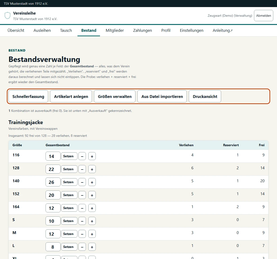 Bildschirmfoto der Bestandsübersicht: Artikelarten mit Größen, vorhandener Menge, ausgeliehener Menge und verfügbarem Rest.