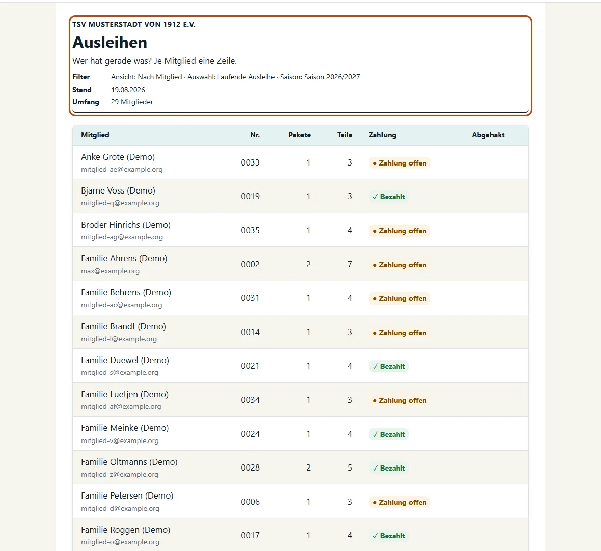 Bildschirmfoto der Druckansicht der Ausleihliste mit Vereinsname, Filterangaben, Stand und einer Tabelle zum Abhaken.