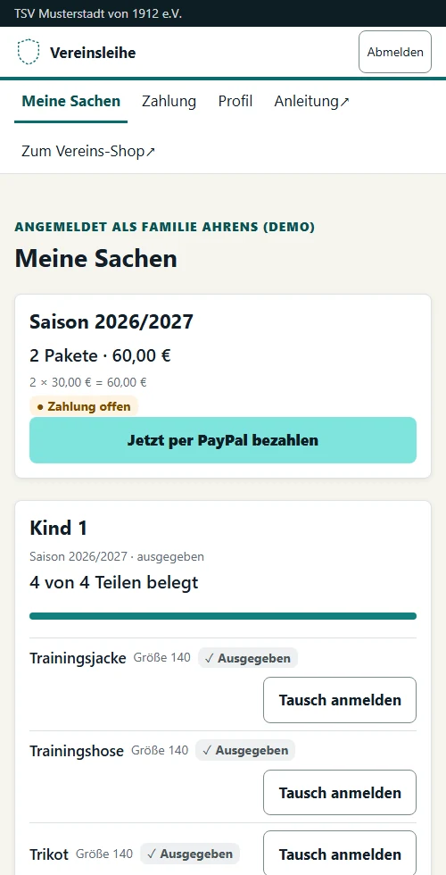 Bildschirmfoto der Mitglieder-Startseite in schmaler Handy-Ansicht: Paketkarten untereinander, darunter die Saison-Karte mit Betrag und Zahlungsstand.