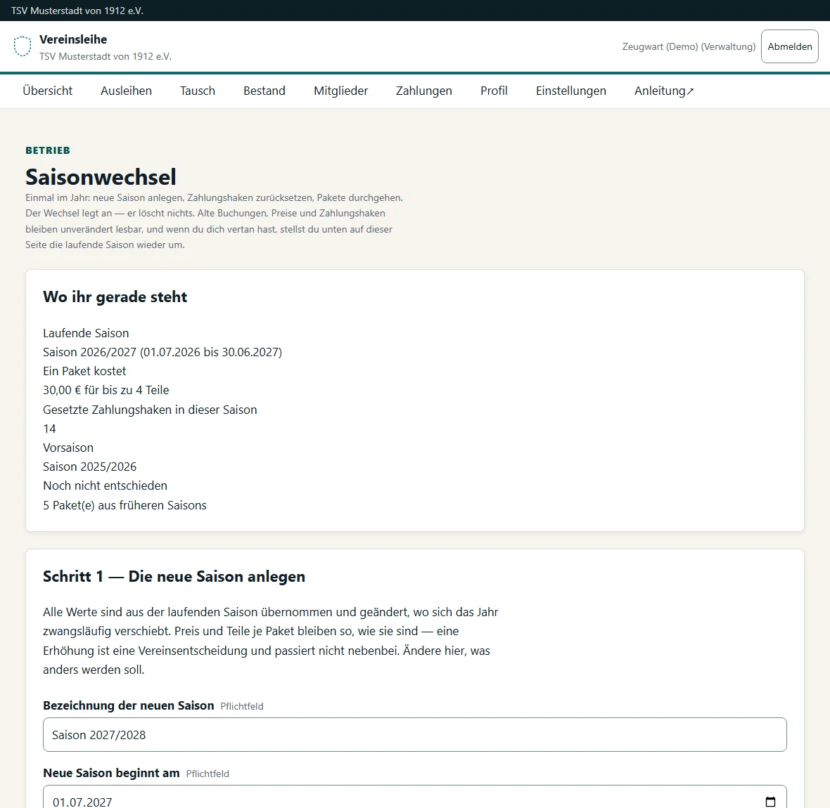 Bildschirmfoto des Saisonwechsel-Assistenten mit der Übersicht „Wo ihr gerade steht