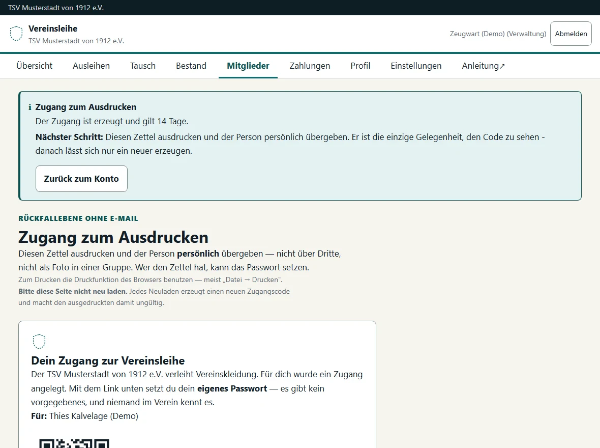 Bildschirmfoto des ausdruckbaren Zugangszettels mit Hinweistext, dem Namen des Mitglieds und einem angeschnittenen QR-Code.